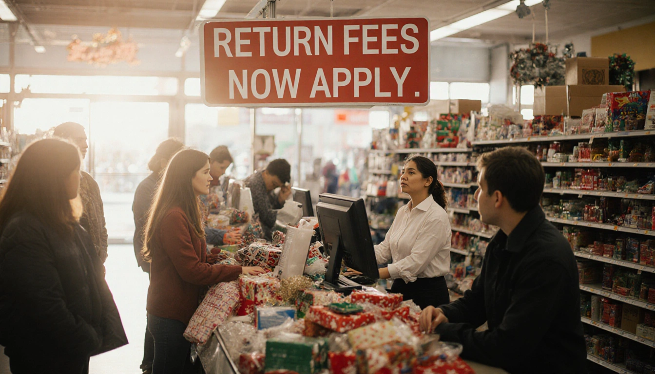 Cashier looks up from computer with cluttered return counter and shoppers waiting for holiday gifts.
