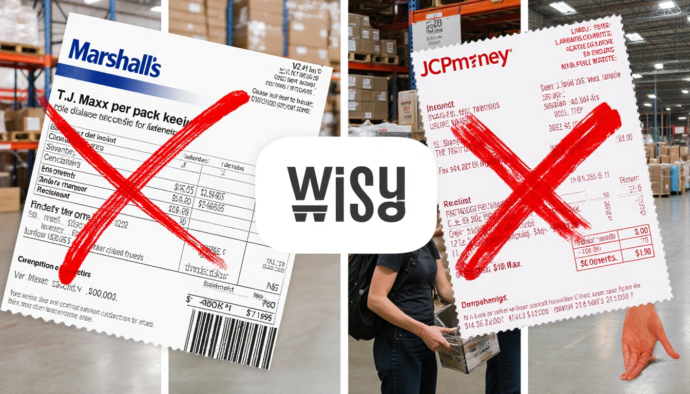 Split-screen comparing return fees with red X on Marshall TJ Maxx receipts and red stamp on JCPenney J Crew receipts items