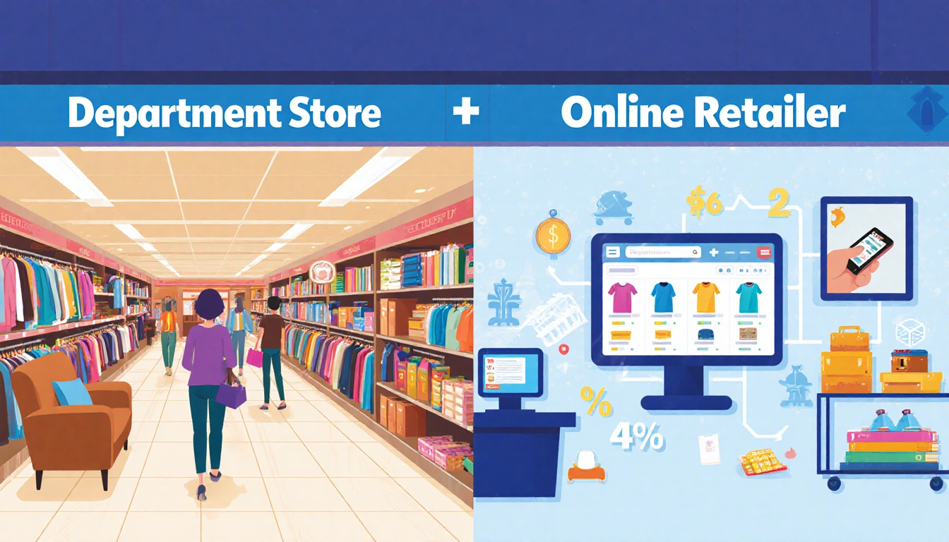 Retail storefront split-screen shows aisle with clothing racks and furniture and a computer screen with e-commerce products