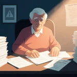 Elderly man reviewing retirement documents at a desk with warm lighting and tax reform notes nearby