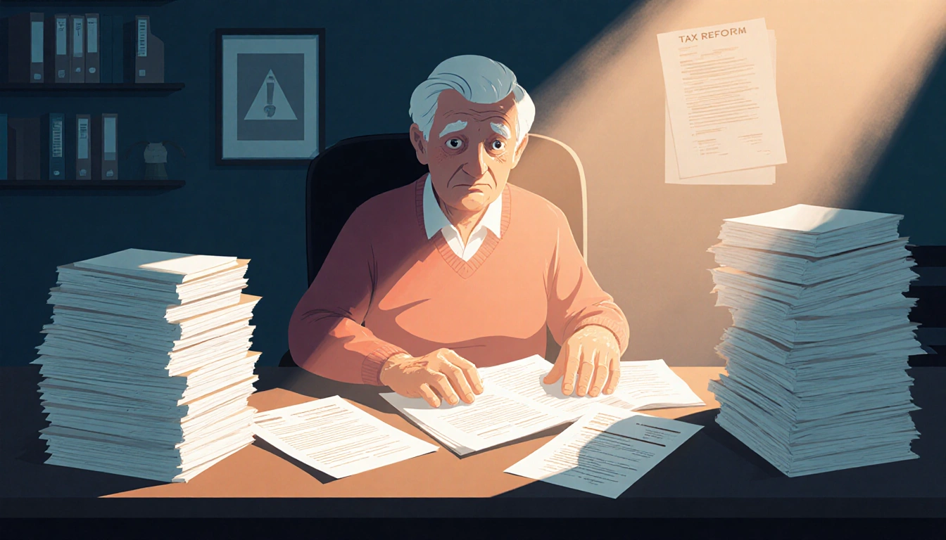 Elderly man reviewing retirement documents at a desk with warm lighting and tax reform notes nearby
