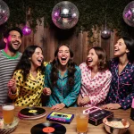 Friends laughing in retro 80s neon PJs with disco balls and vinyl records amid wood and greenery.