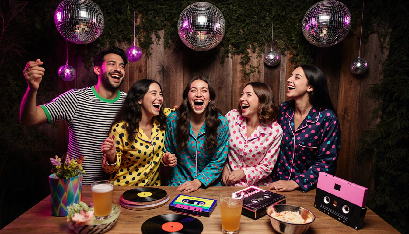 Friends laughing in retro 80s neon PJs with disco balls and vinyl records amid wood and greenery.