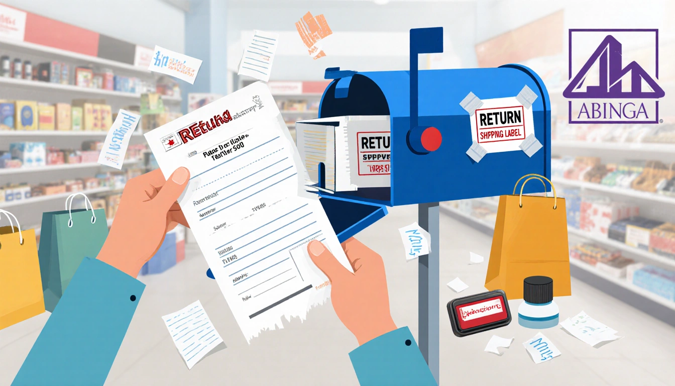 Person holding returned item with refund slip mailbox labeled Return Shipping and stamps and ink pad retail shelves behind.