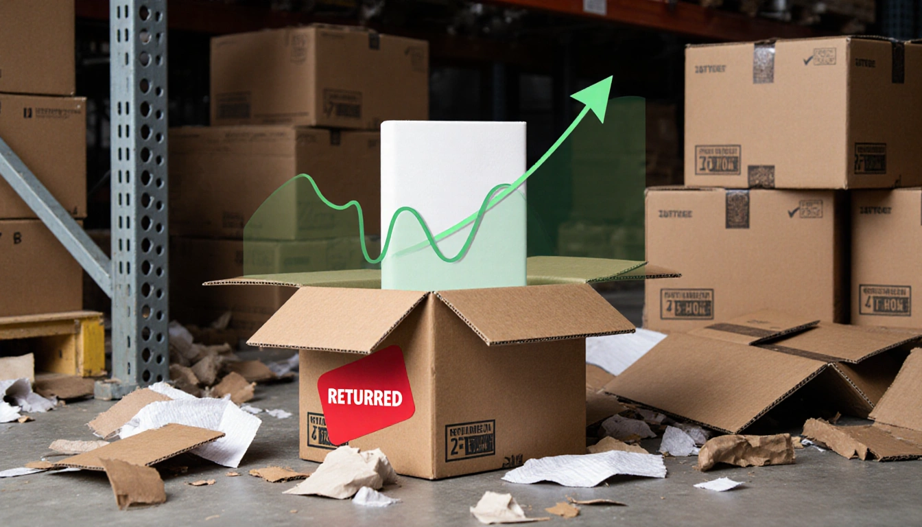 Returned item with a red sticker in a warehouse surrounded by packaging and stacked boxes, carbon footprint waveform emerging