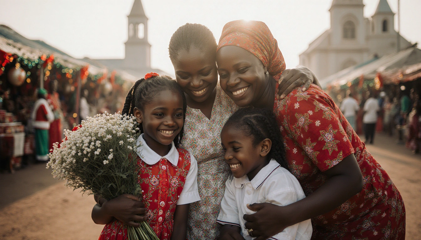 Two mothers hugging daughters with festive attire and traditional Nigerian clothing near a blurred Christmas market