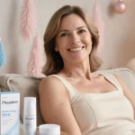 Smiling woman sits with radiant glow and pastel holiday décor while Plexaderm packaging nearby.