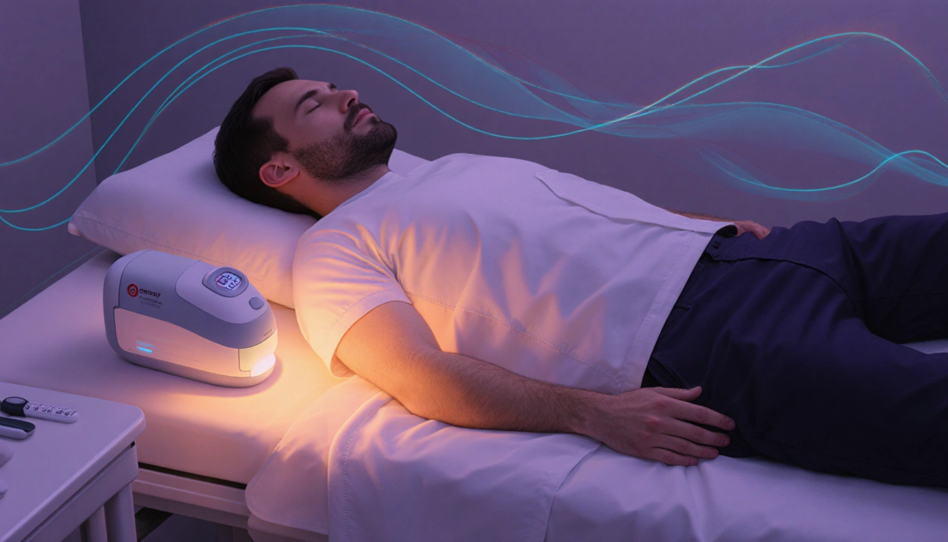 Man lying on treatment table with RF therapy device near groin and thermometer nearby hinting at collagen stimulation