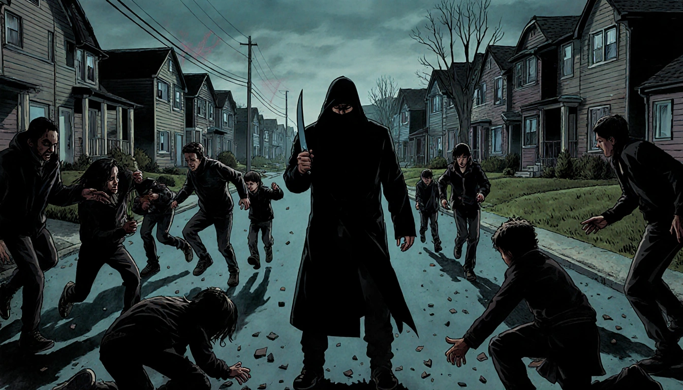 Attacker brandishing a knife with fleeing neighbors and children in chaotic Richelieu suburb