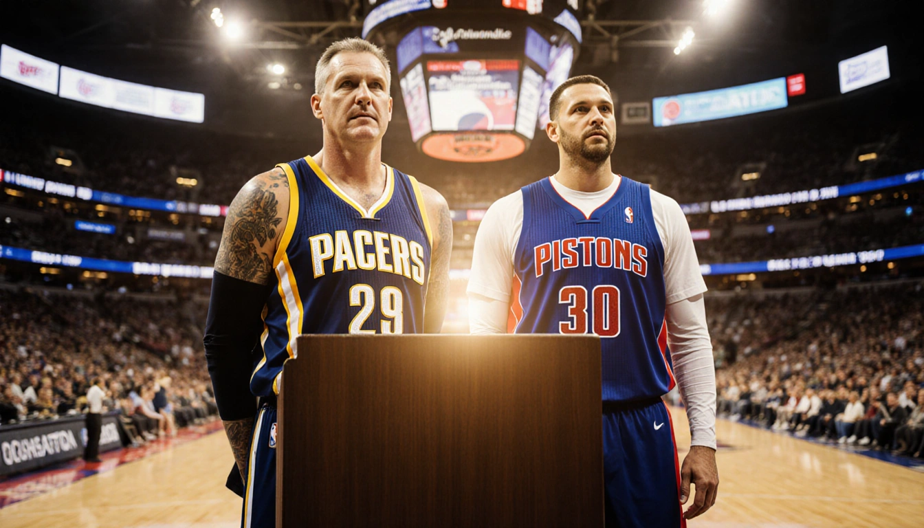 Rick Carlisle standing at podium with J.B. Bickerstaff beside him in gear amid warm lighting blurred basketball stadium