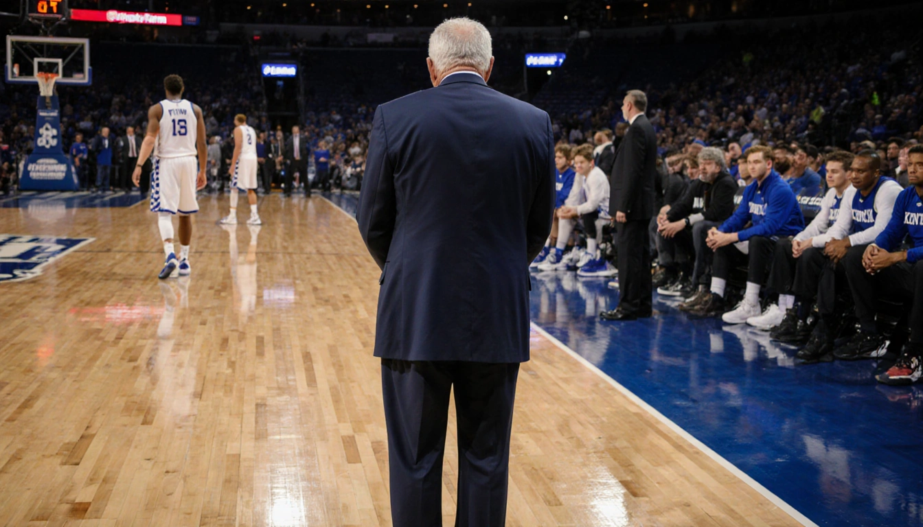 Rick Pitino standing on State Farm Arena court with St. John