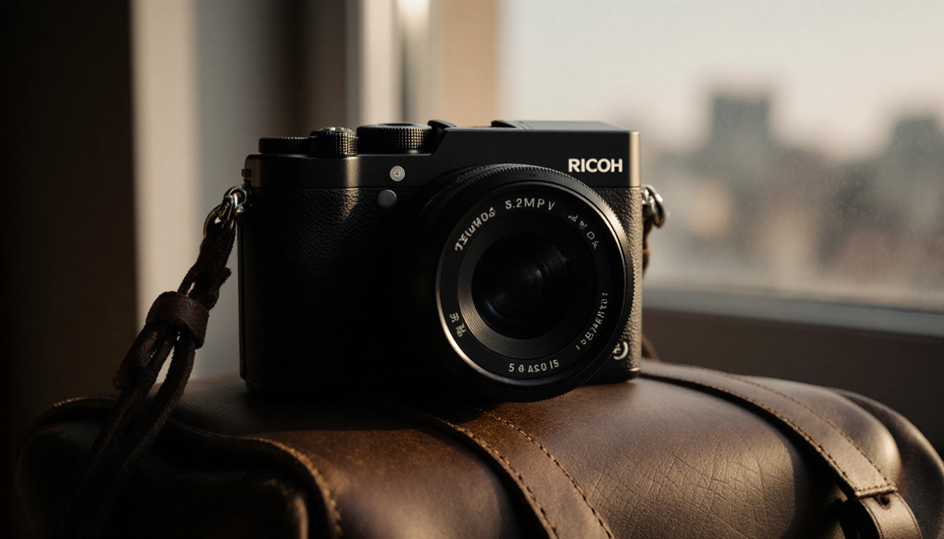 Camera resting on vintage leather travel bag with warm natural light and subtle cityscape background.