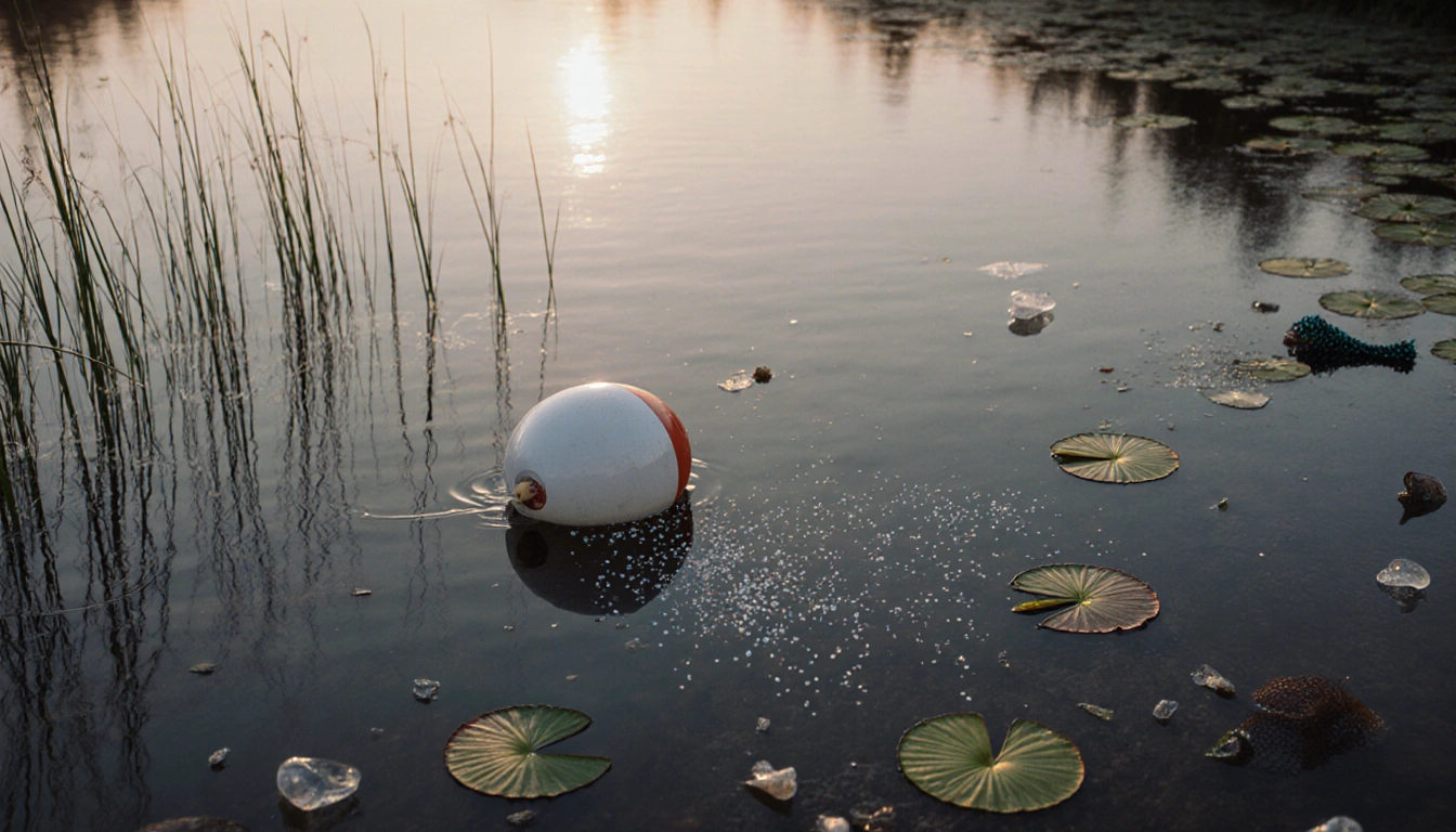 Plastic buoy bobbing in calm dawn river with suspended microplastics and scattered debris.