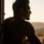 Rizo Velovic sits with guitar in hand and soot smudge on cheek in a rustic cabin with warm golden light.