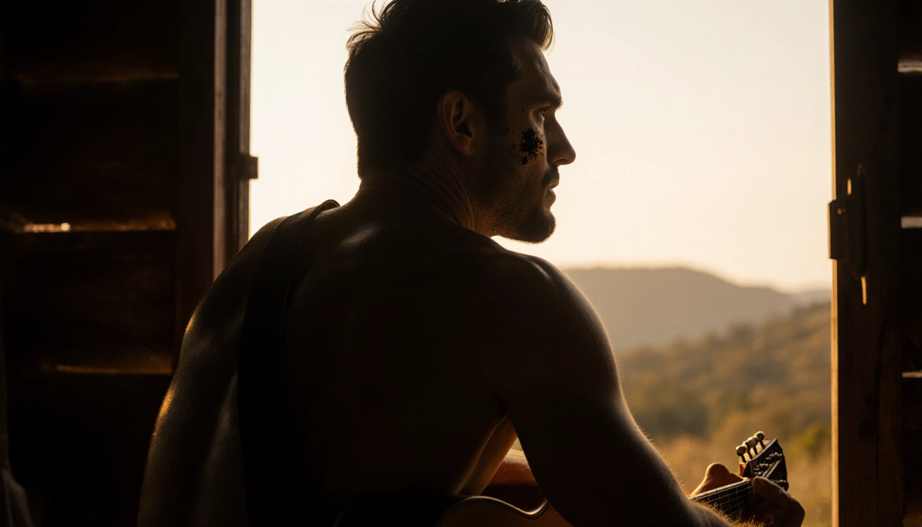 Rizo Velovic sits with guitar in hand and soot smudge on cheek in a rustic cabin with warm golden light.