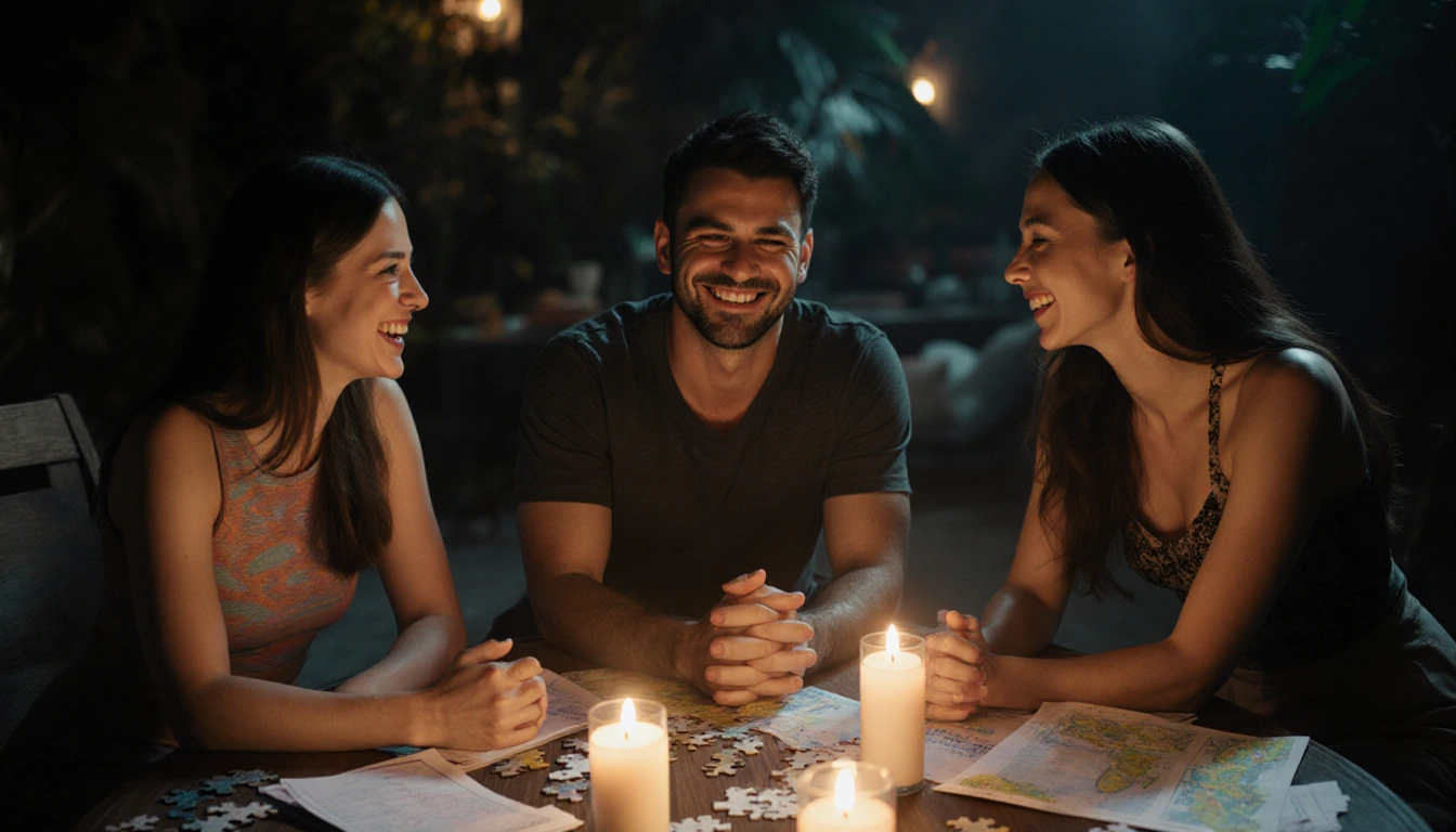 Rizo Velovic laughs with Savannah Louie and Sophi Balerdi hands clasped in a candlelit circle with notes and puzzle pieces