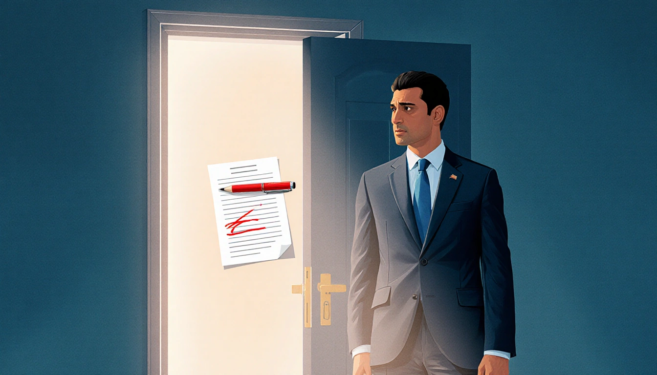 Rep. Ro Khanna stands before a slightly ajar door with a sheet of paper marked by a red pen with transparency and law.