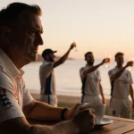 Rob Key sits at wooden table with coffee overlooking Noosa beach sunset and blurred cricketers laughing in background