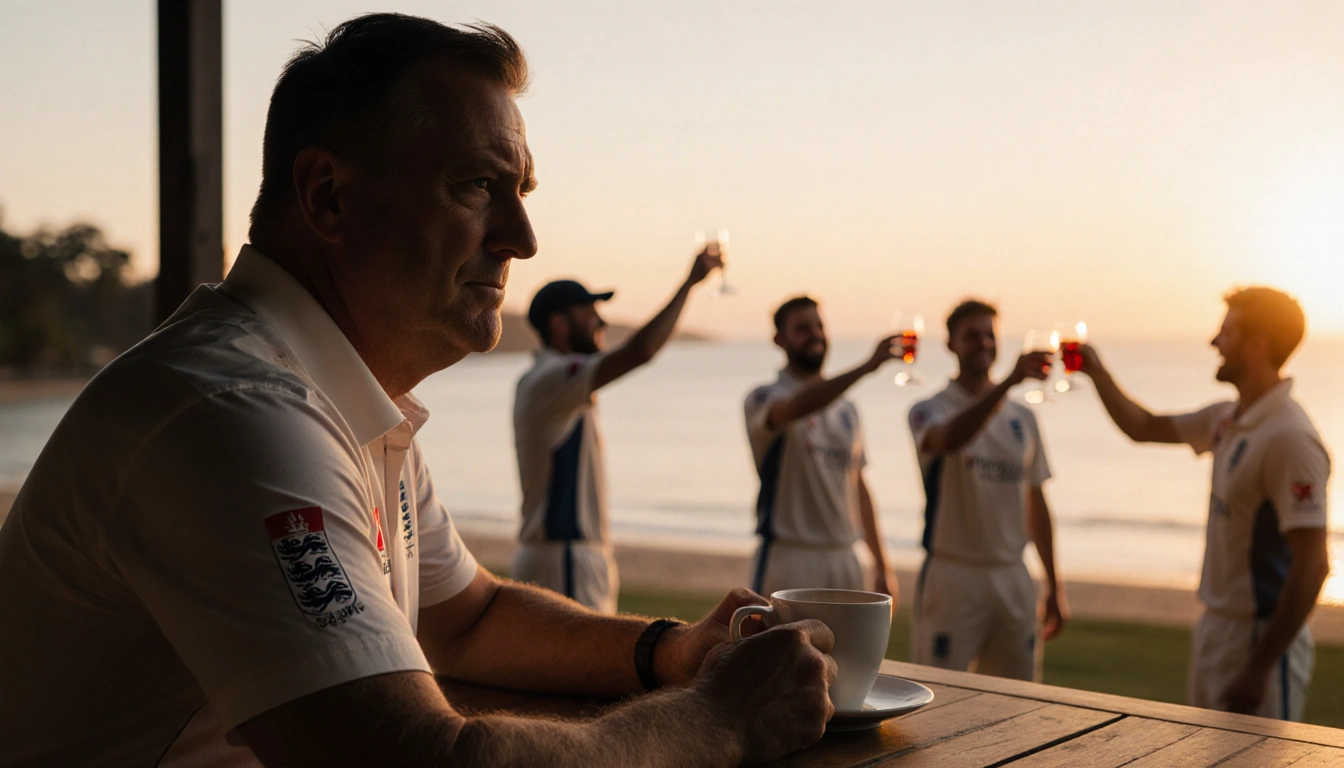 Rob Key sits at wooden table with coffee overlooking Noosa beach sunset and blurred cricketers laughing in background