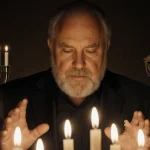 Rob Reiner speaking with soft candlelight and golden glow on his face and hands and menorah faint in background