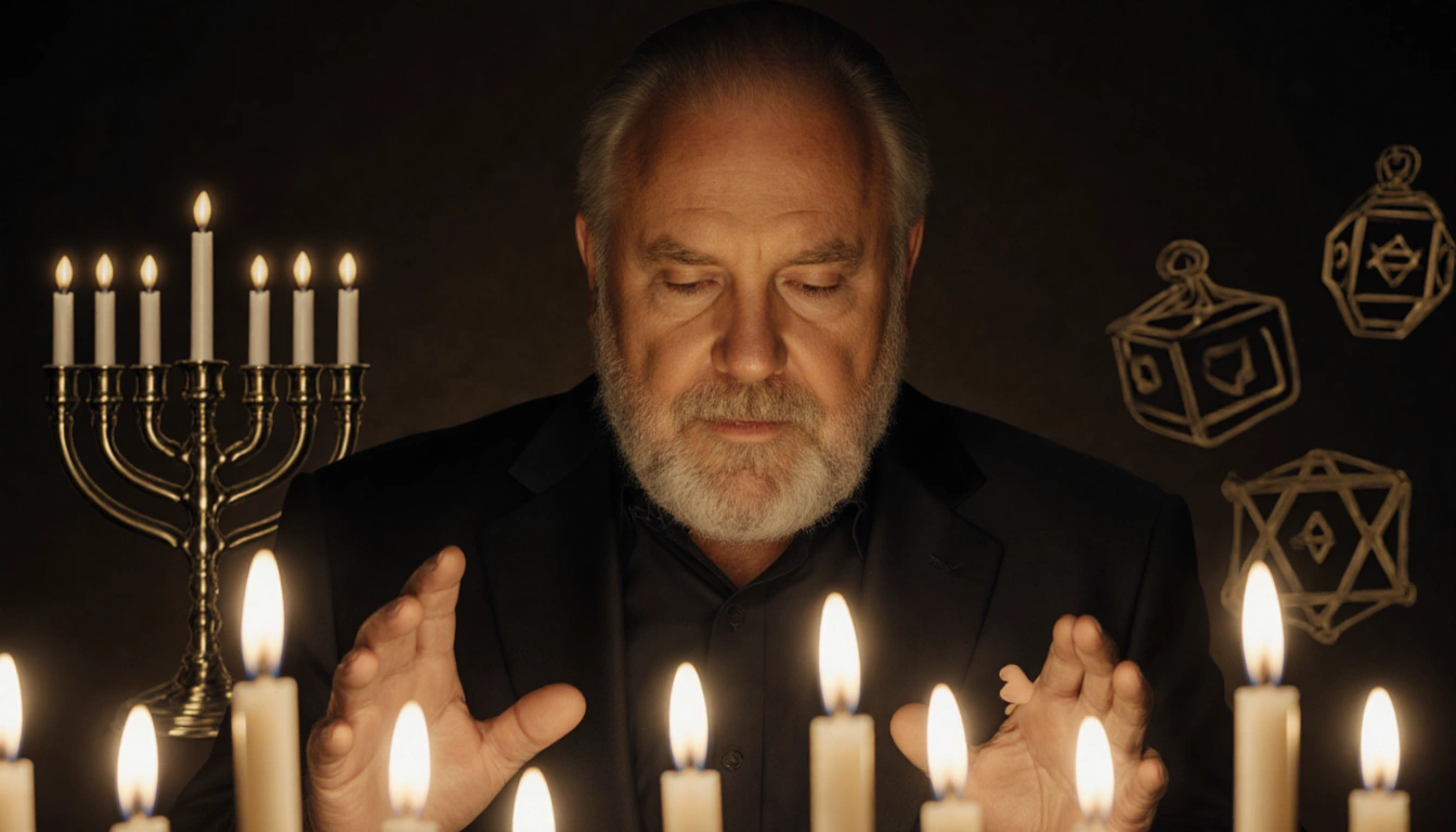 Rob Reiner speaking with soft candlelight and golden glow on his face and hands and menorah faint in background