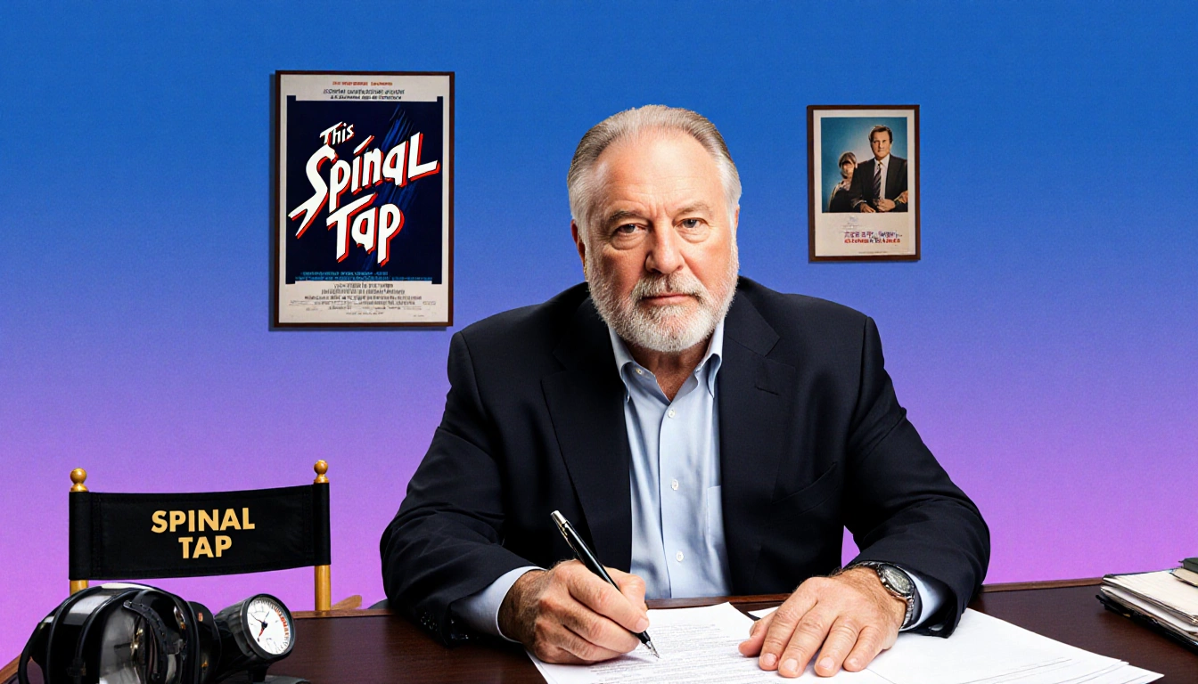 Rob Reiner writing notes with a pen and papers on a desk with a film poster and a director's chair in a blue purple gradient