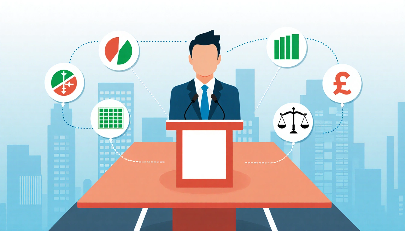 Podium displays campaign icons with green sustainability chart and scales for economic balance over cityscape background