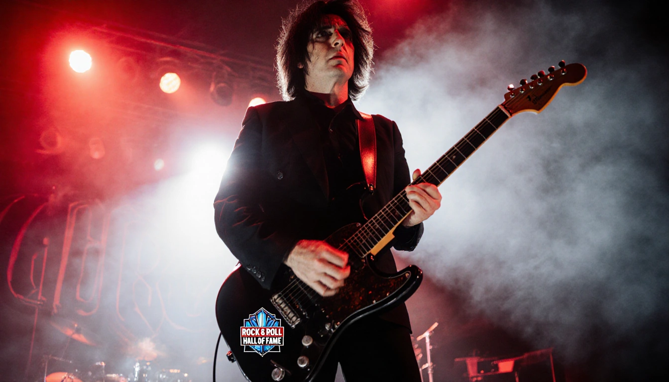 Robert Smith standing stage with guitar over his shoulder and glowing red lights in fog Rock & Roll Hall of Fame logo