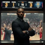 Rockets coach Ime Udoka standing in a locker room with arms crossed and a whiteboard behind him with a blurred scoreboard
