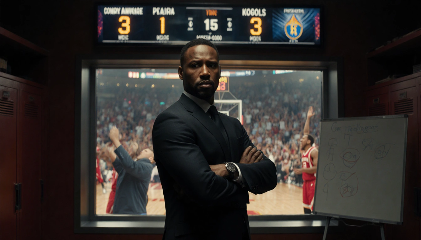 Rockets coach Ime Udoka standing in a locker room with arms crossed and a whiteboard behind him with a blurred scoreboard
