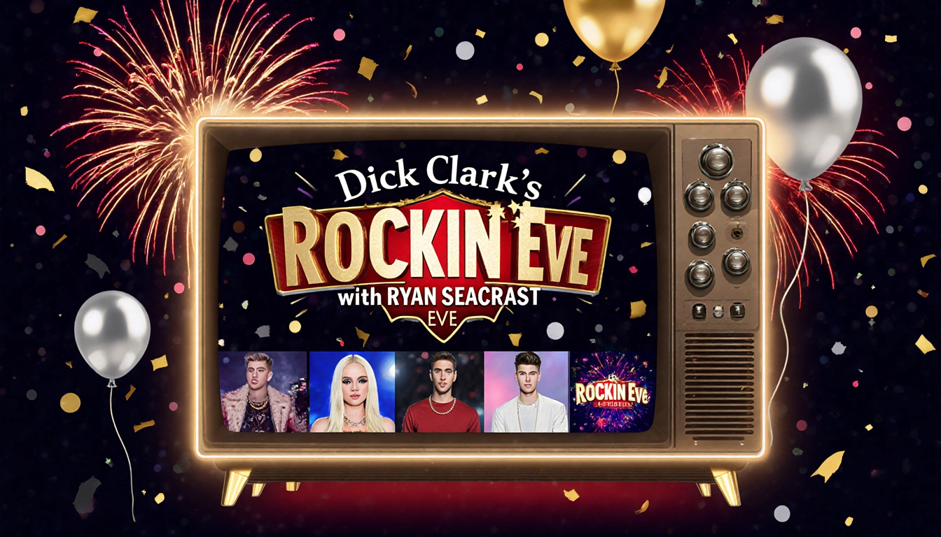 TV screen showing Dick Clark's Rockin Eve with Ryan Seacrest montage with fireworks and confetti on New Year's Eve