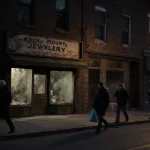 Streetlamp casting warm glow on pavement with jewelry store in foreground during late afternoon.