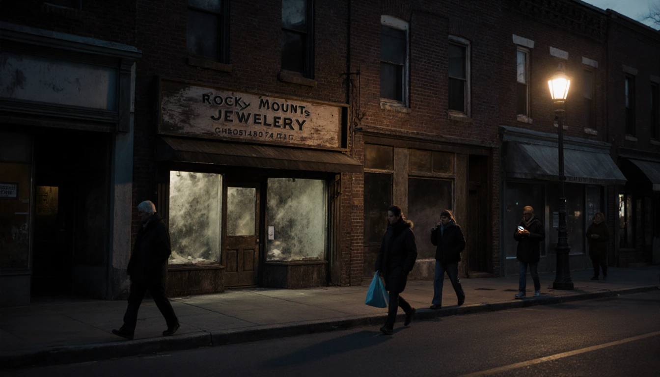 Streetlamp casting warm glow on pavement with jewelry store in foreground during late afternoon.