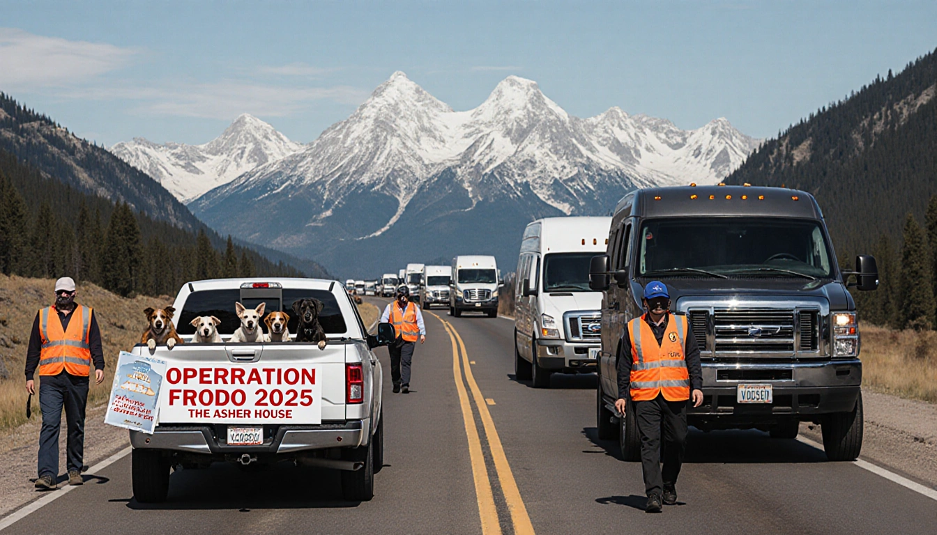 Convoy of trucks and vans traveling road with Rocky Mountains and volunteers with signs dogs peeking from pickup