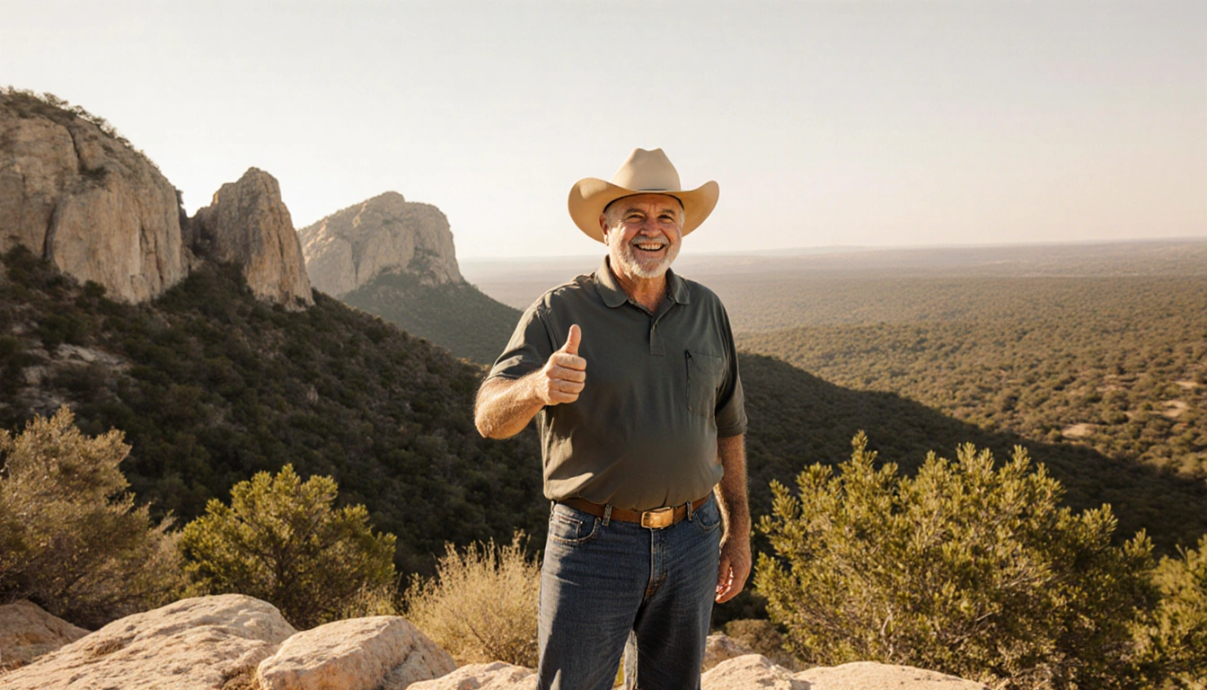 Rodney Franklin smiling and pointing at the horizon with a scenic overlook of Texas park and rocky outcrops in the background