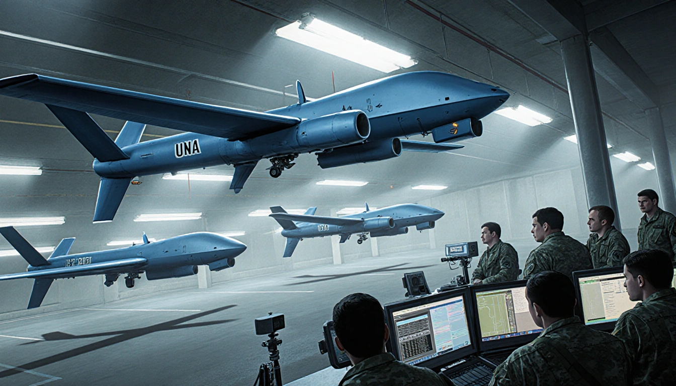 Drones flying in tandem in a dim parking lot with fluorescent lights and engineers monitoring their performance