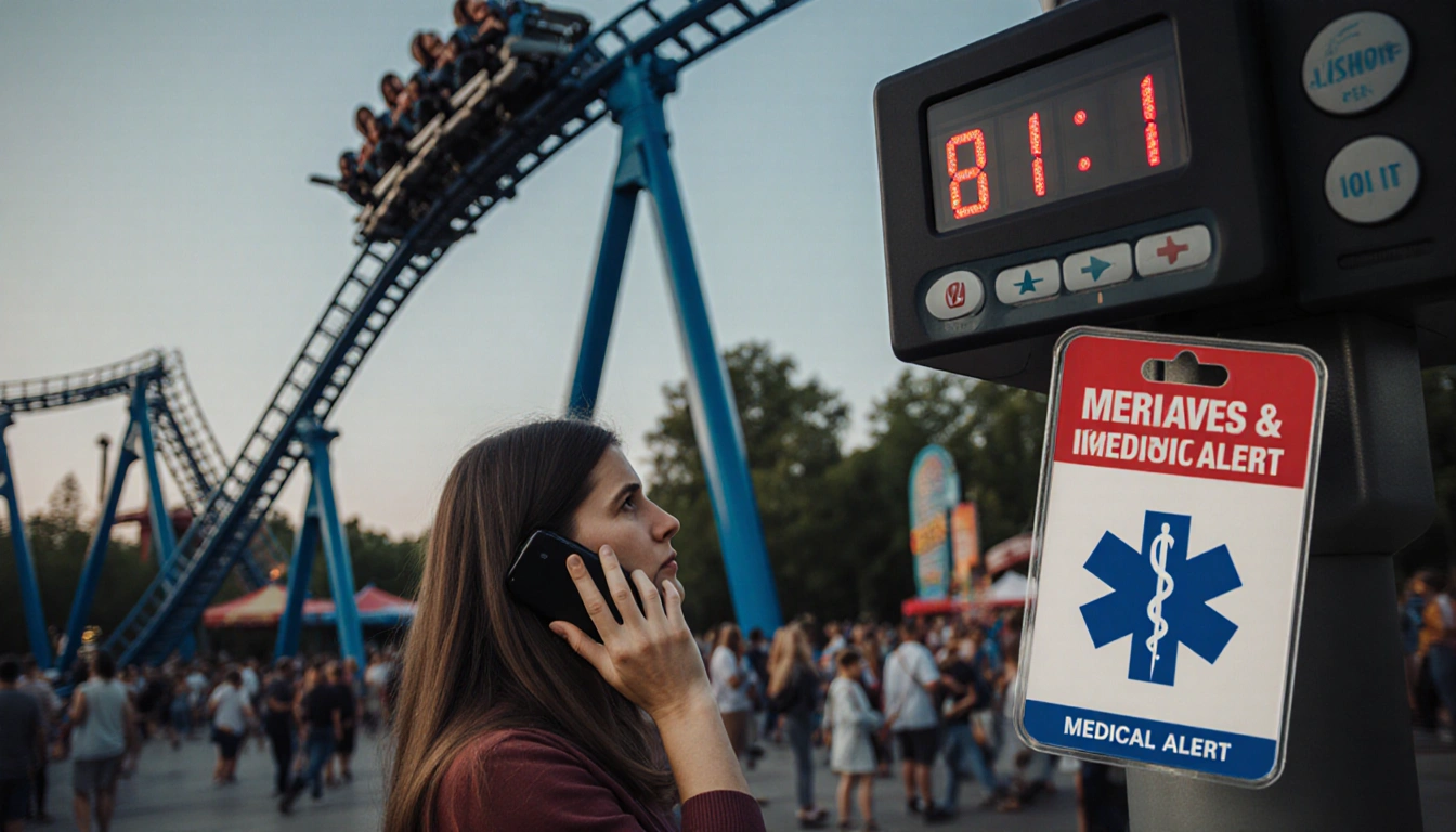 Member standing beside roller coaster support with timer and phone pressed to ear and 911 phone and medical badge foreground.