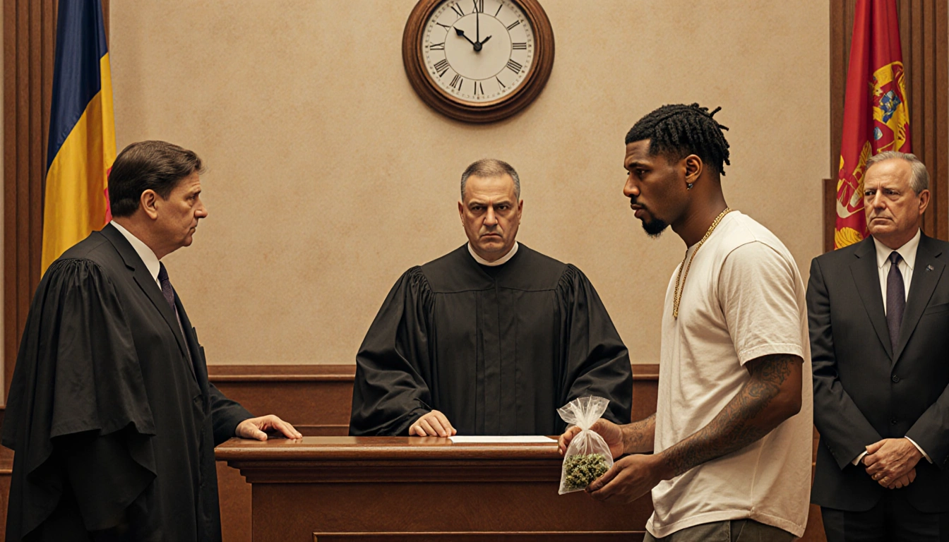 Wiz Khalifa standing before judge bench with a small cannabis bag in a Roman courtroom featuring a judge and a wall clock.