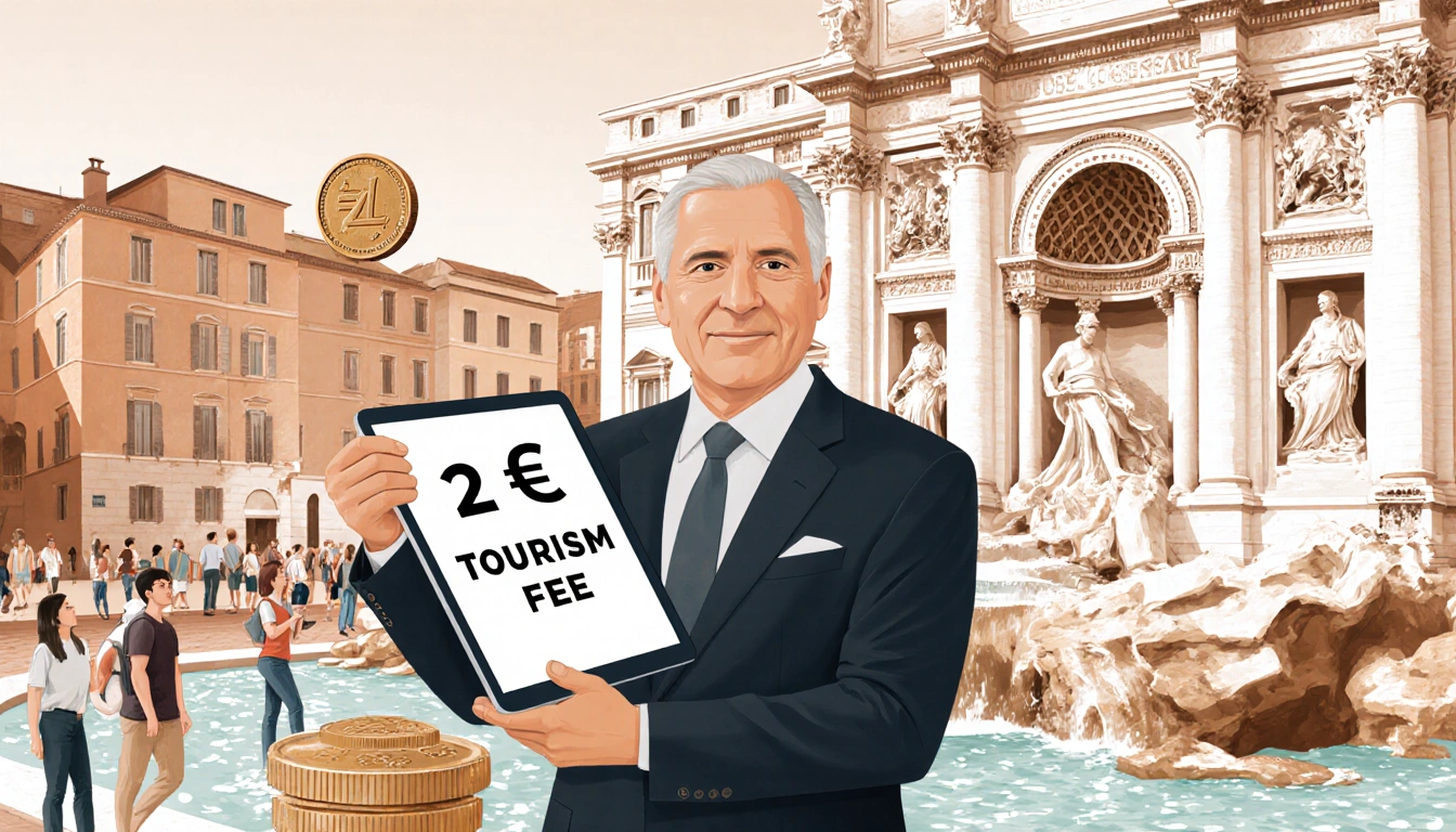 Mayor Roberto Gualtieri holding a tablet with 2-euro fee while tossing a coin into Trevi Fountain with tourists in background