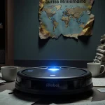 Roomba sits alone in dim office clutter with financial papers and coffee cups and eerie glow.