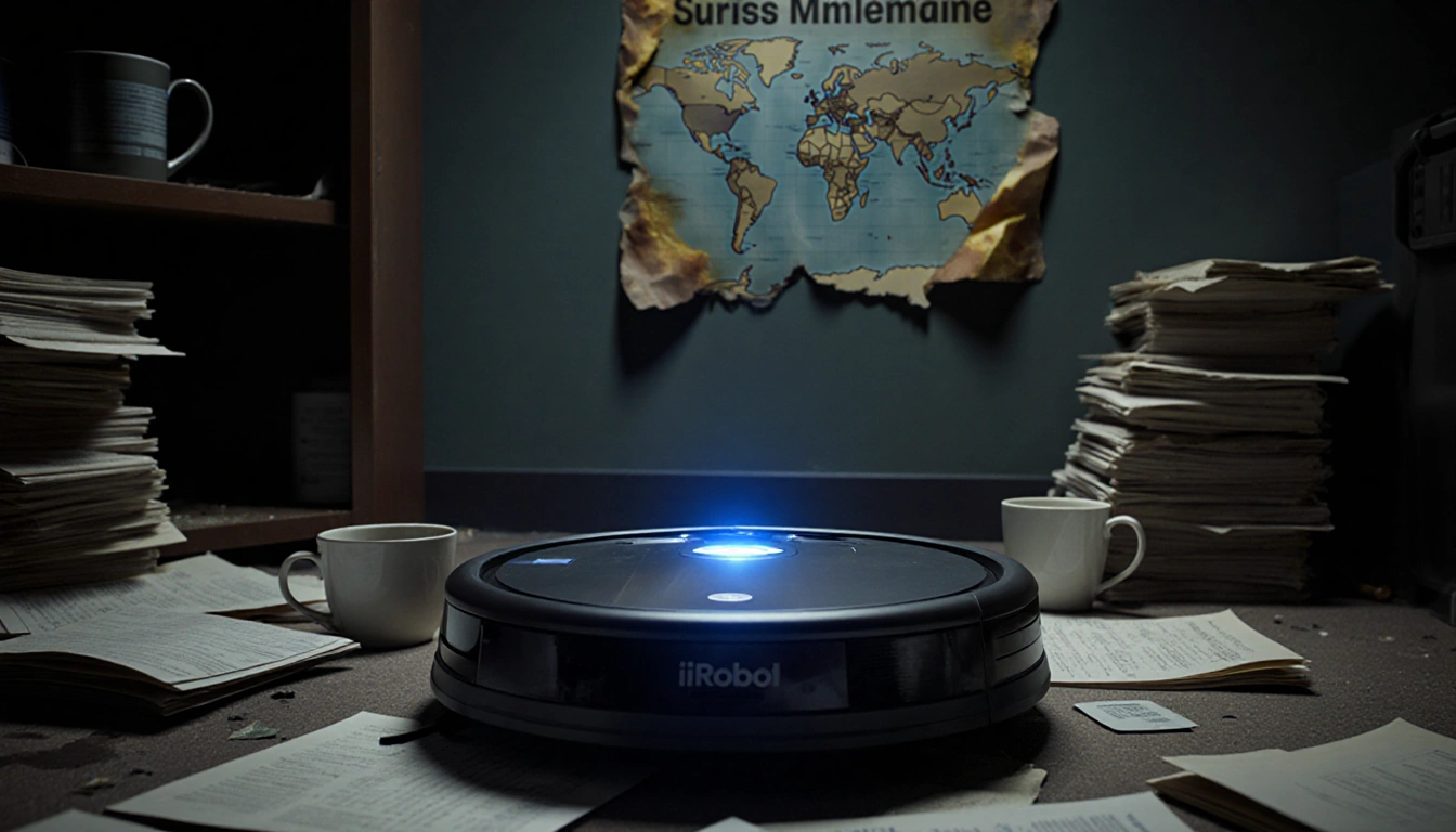 Roomba sits alone in dim office clutter with financial papers and coffee cups and eerie glow.