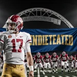 Indiana quarterback standing confidently beside blue and gold banner with Undefeated text and Rose Bowl arch behind him