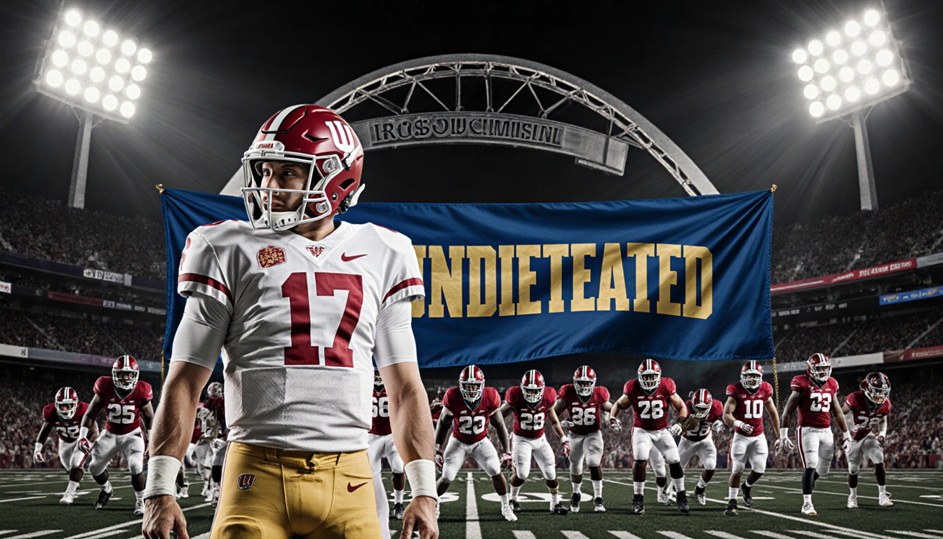 Indiana quarterback standing confidently beside blue and gold banner with Undefeated text and Rose Bowl arch behind him