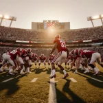 Fernando Mendoza steps toward Crimson Tide huddle with sunset light casting shadows across the Rose Bowl football field