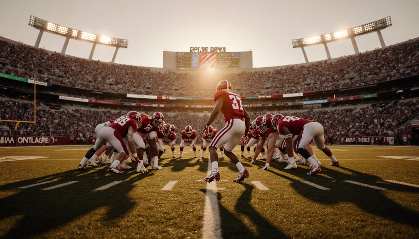 Fernando Mendoza steps toward Crimson Tide huddle with sunset light casting shadows across the Rose Bowl football field