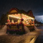 Rose Parade float being washed by heavy rain with lightning flashes illuminating the scene