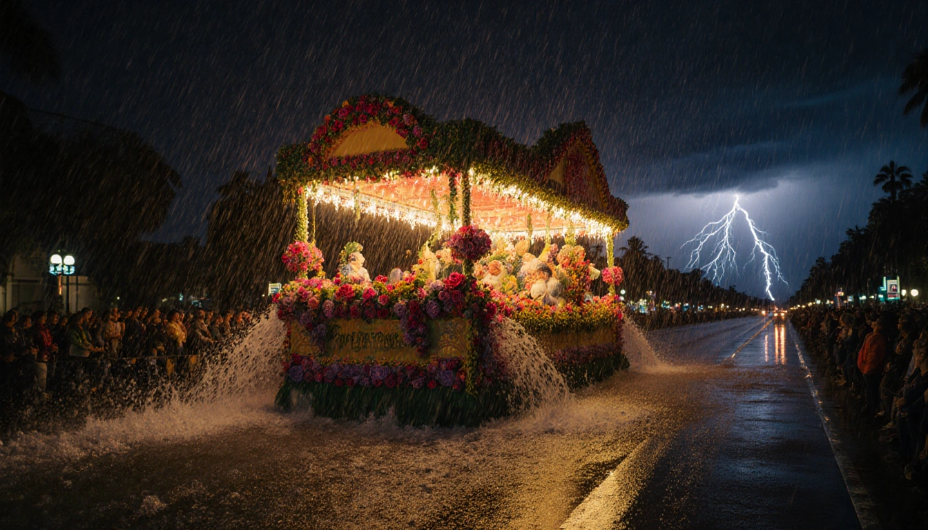 Rose Parade float being washed by heavy rain with lightning flashes illuminating the scene