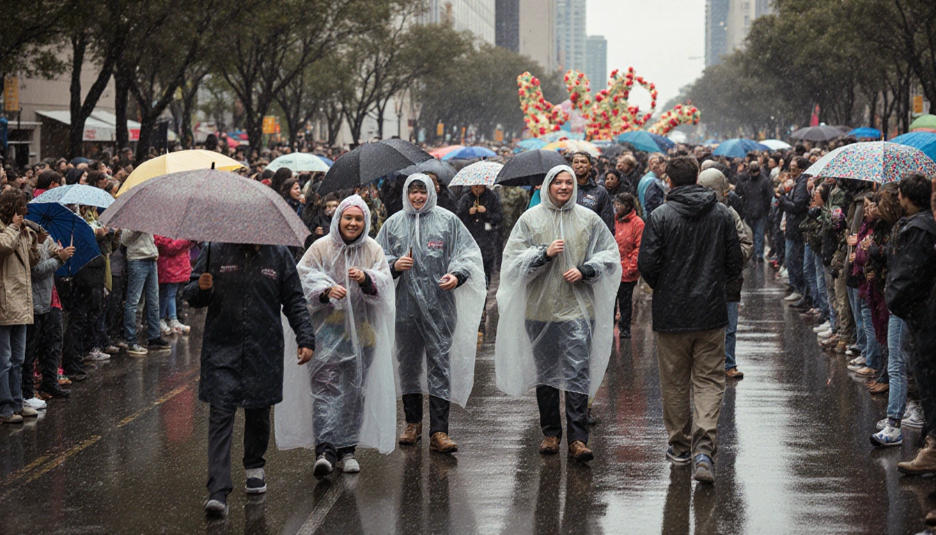 Crowd walking with rain ponchos and umbrellas with Rose Parade floats visible in background