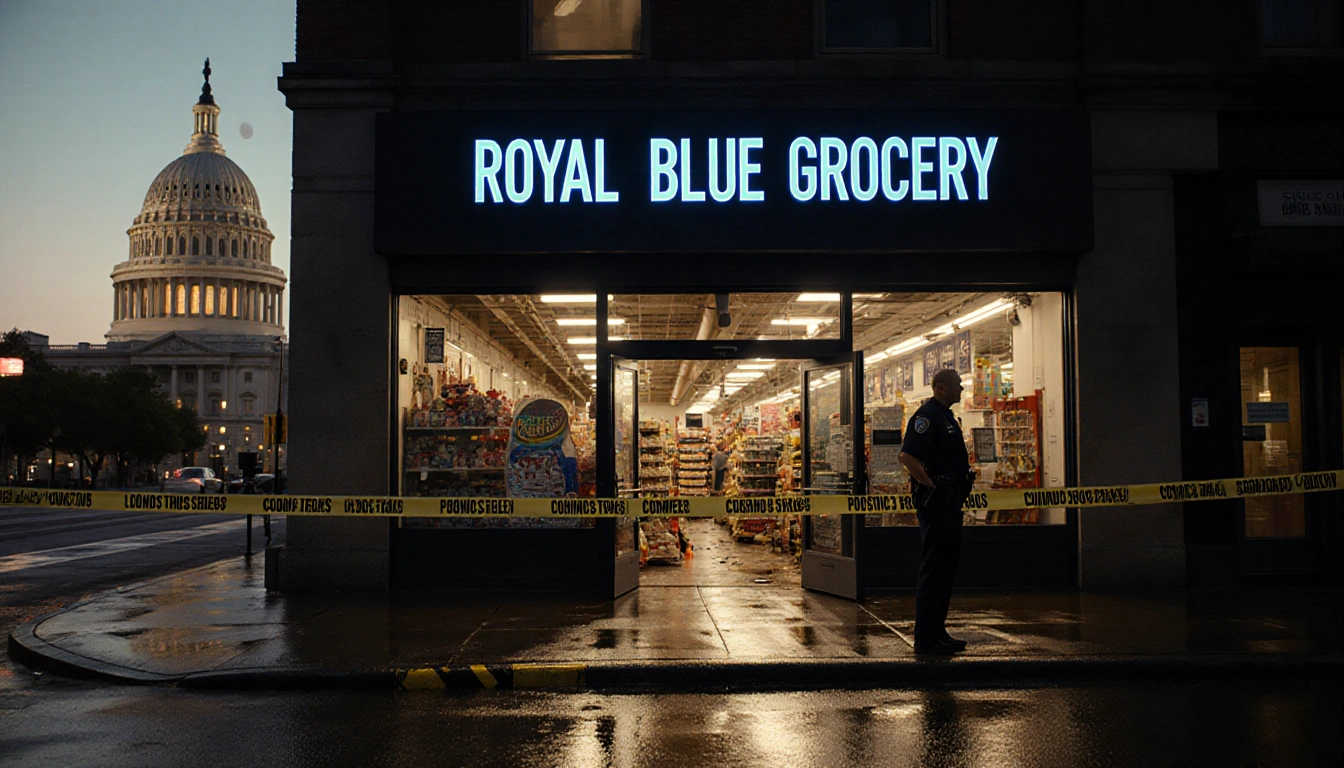 Police officer guarding open doors of Royal Blue Grocery with Texas Capitol at dusk