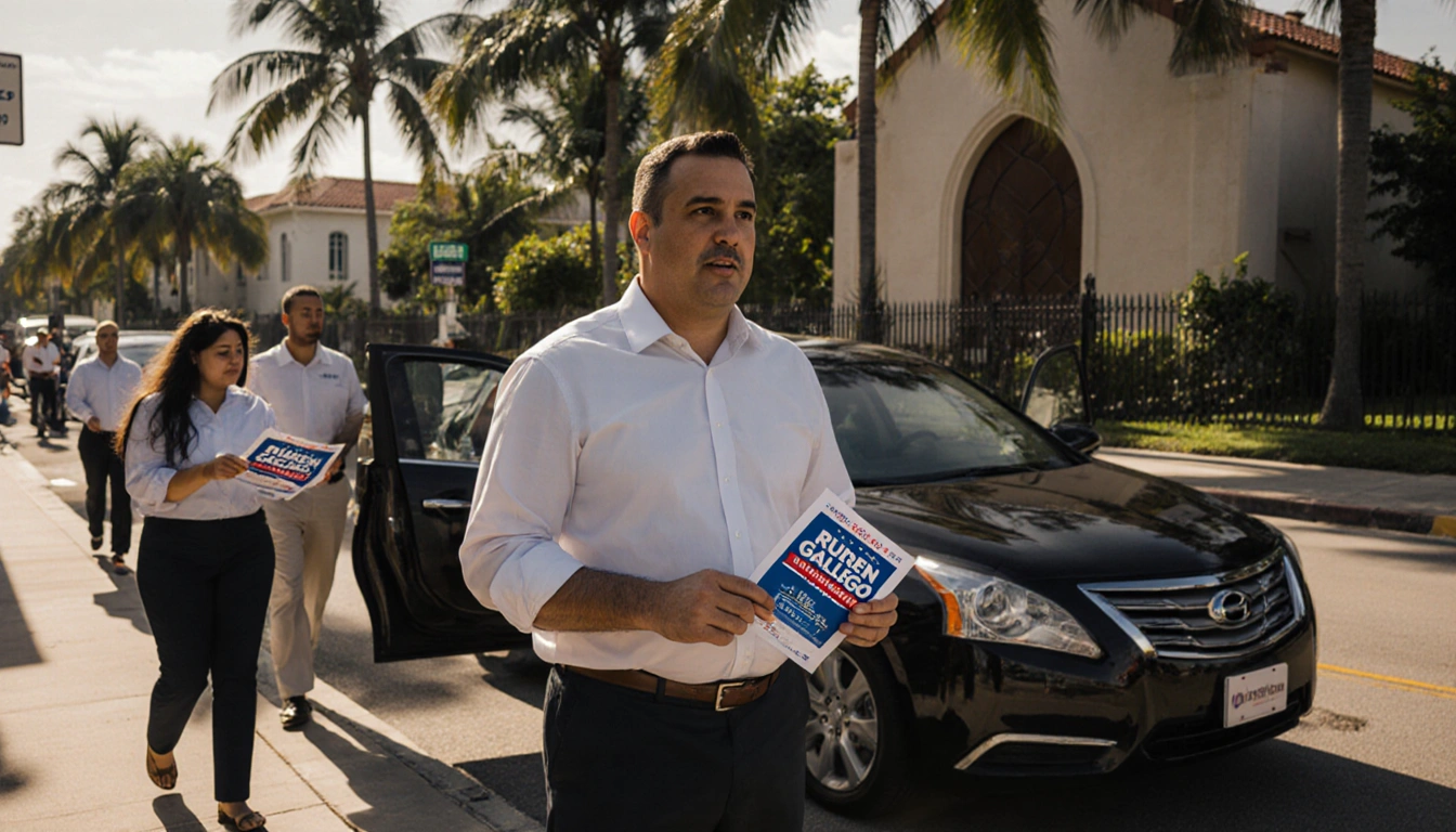 Sen. Ruben Gallego handing out political flyers to parishioners community with palm trees and parked car on a Miami street